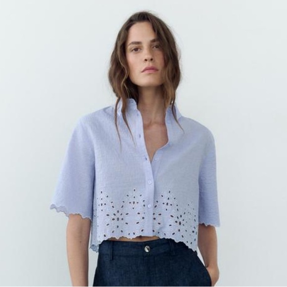 NEW Zara Cropped Shirt with Cutwork Embroidery 💙 - Picture 2 of 5